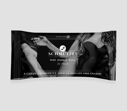 a black and white rectagular wipe pouch that says A clean, confident step starts inside
